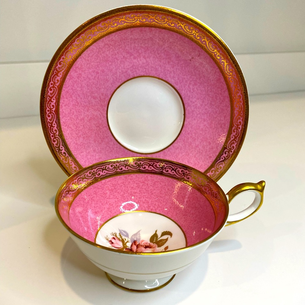 Vtg Aynsley Hand Painted Teacup and Saucer Pink Rose Pink Marble Like Gold Trim